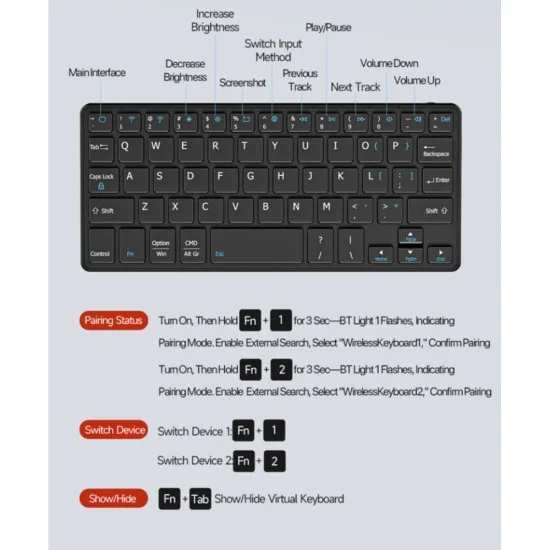 Безжична клавиатура Dux Ducis Keyboard Mini - с калъф, Bluetooth 5.0, универсална, USB-C, 180mAh, английска подредба - Черен