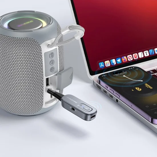 Bluetooth аудио приемник и предавател AUX Borofone Clear Way (BC51) - жак 3.5mm, Bluetooth V5.4, Plug&Play - Сив