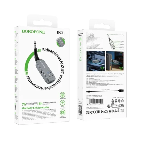 Bluetooth аудио приемник и предавател AUX Borofone Clear Way (BC51) - жак 3.5mm, Bluetooth V5.4, Plug&Play - Сив
