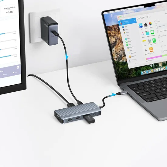 Докинг станция Anker (Docking Station) - 2x USB-C, 3x USB, 2x HDMI, VGA, Triple Display, 4K@60Hz, PD100W - Сива
