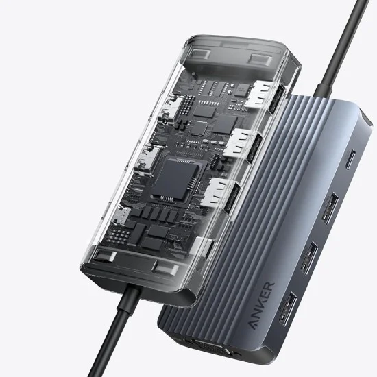Докинг станция Anker (Docking Station) - 2x USB-C, 3x USB, 2x HDMI, VGA, Triple Display, 4K@60Hz, PD100W - Сива