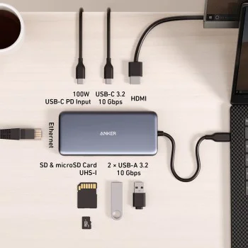 Докинг станция Anker (Docking Station) - HDMI, 2x USB, 2x USB-C, Ethernet, SD/TF карта, PD85W - Сива