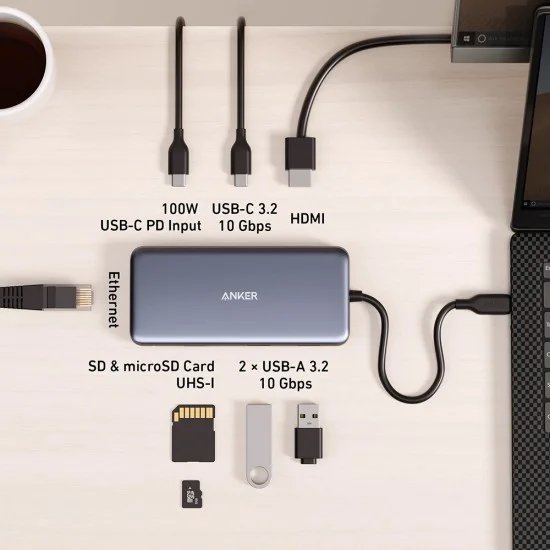 Докинг станция Anker (Docking Station) - HDMI, 2x USB, 2x USB-C, Ethernet, SD/TF карта, PD85W - Сива