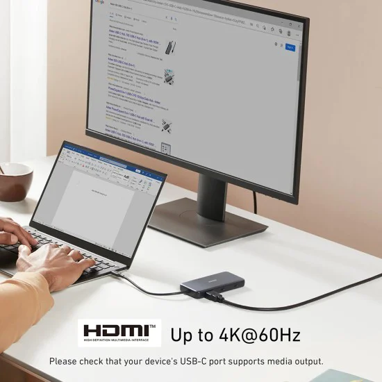 Докинг станция Anker (Docking Station) - HDMI, 2x USB, 2x USB-C, Ethernet, SD/TF карта, PD85W - Сива