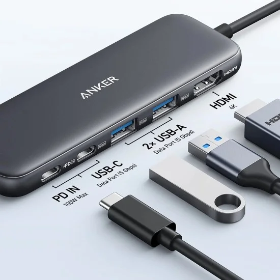 Докинг станция Docking Station 332 (A8355H11) - 5в1, Ултра тънка, HDMI 4K, USB-C - Anker - Черен