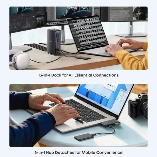 Докинг станция Docking Station Nano (A83C3311) - 13в1, Поддръжка на три дисплея, Вграден подвижен хъб, Бързо зареждане 100W, 10Gbps - Anker - Черен