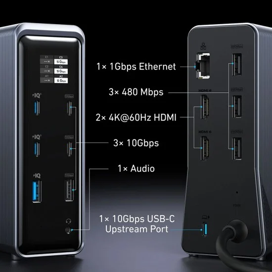 Докинг станция Docking Station Prime 737 (A83B63A1) - 14в1, 160W, Поддръжка на двоен дисплей 4K@60Hz, 10Gbps - Anker - Черен