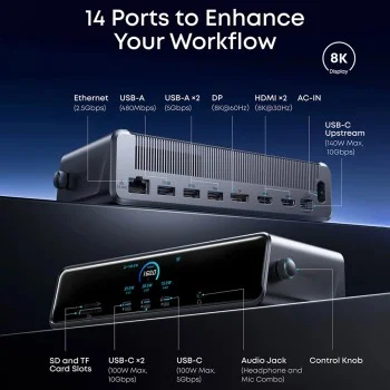 Докинг станция Docking Station Prime (A83B33A1) - 14в1, DisplayLink 8K, Поддръжка на три дисплея, Бързо зареждане 140W - Anker - Сив