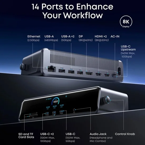 Докинг станция Docking Station Prime (A83B33A1) - 14в1, DisplayLink 8K, Поддръжка на три дисплея, Бързо зареждане 140W - Anker - Сив