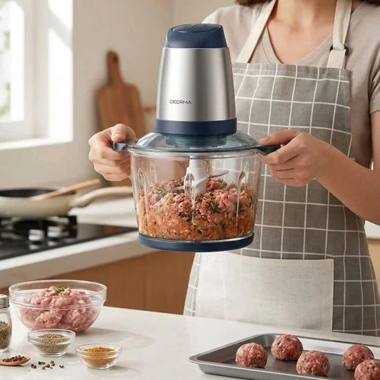 Електрическа месомелачка JR01, 350W, купа 2L, два режима, спираловидни ножове - Deerma - Сребрист / Тъмносин