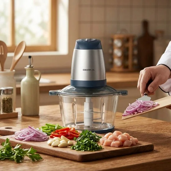 Електрическа месомелачка JR01, 350W, купа 2L, два режима, спираловидни ножове - Deerma - Сребрист / Тъмносин