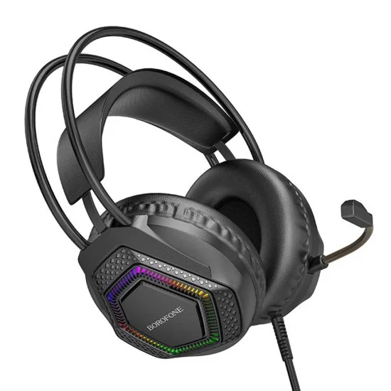 Геймърски слушалки с микрофон Borofone Thunder (BO105) - Over-Ear, 50mm говорители, USB + 3.5mm, LED подсветка - Черен