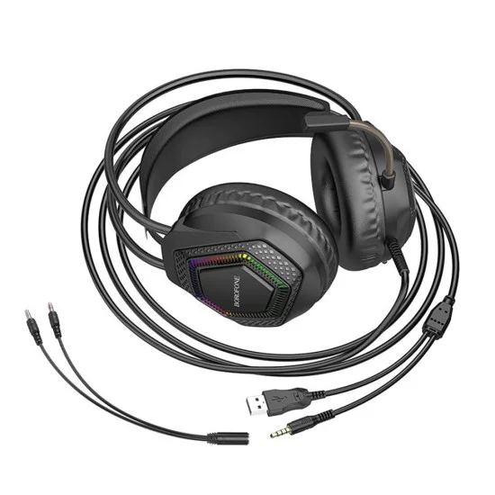 Геймърски слушалки с микрофон Borofone Thunder (BO105) - Over-Ear, 50mm говорители, USB + 3.5mm, LED подсветка - Черен