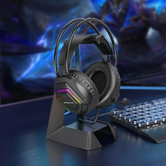 Геймърски слушалки с микрофон Borofone Thunder (BO105) - Over-Ear, 50mm говорители, USB + 3.5mm, LED подсветка - Черен