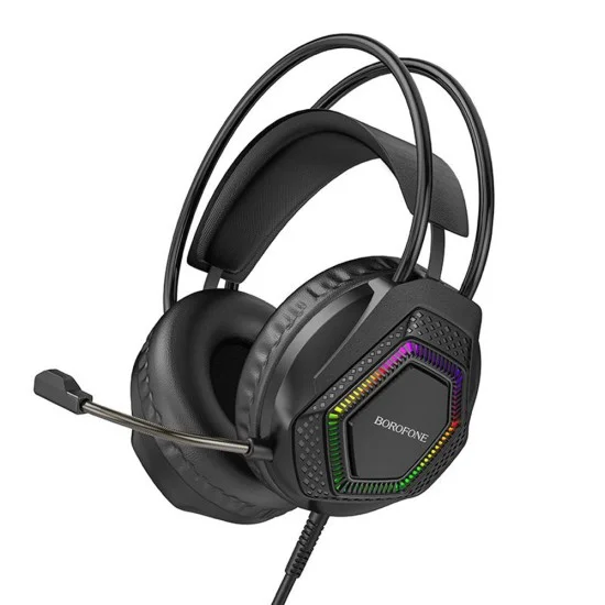Геймърски слушалки с микрофон Borofone Thunder (BO105) - Over-Ear, 50mm говорители, USB + 3.5mm, LED подсветка - Черен