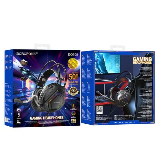 Геймърски слушалки с микрофон Borofone Thunder (BO105) - Over-Ear, 50mm говорители, USB + 3.5mm, LED подсветка - Черен