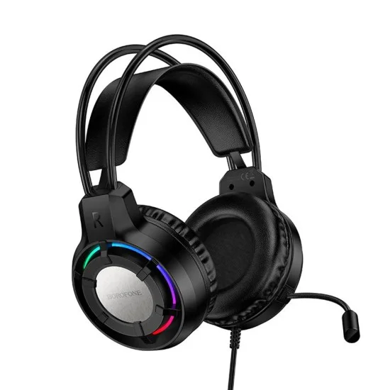 Геймърски слушалки с микрофон Borofone Wave (BO112) - Over-Ear, 50mm говорители, USB + 3.5mm, LED подсветка - Черен