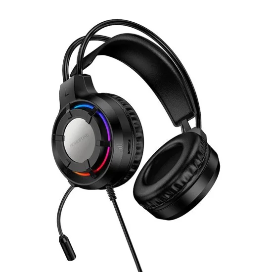 Геймърски слушалки с микрофон Borofone Wave (BO112) - Over-Ear, 50mm говорители, USB + 3.5mm, LED подсветка - Черен