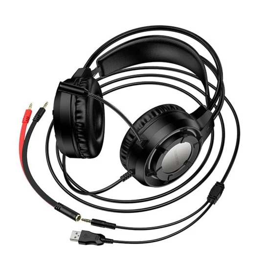 Геймърски слушалки с микрофон Borofone Wave (BO112) - Over-Ear, 50mm говорители, USB + 3.5mm, LED подсветка - Черен