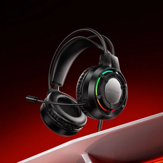 Геймърски слушалки с микрофон Borofone Wave (BO112) - Over-Ear, 50mm говорители, USB + 3.5mm, LED подсветка - Черен