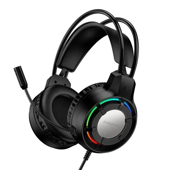 Геймърски слушалки с микрофон Borofone Wave (BO112) - Over-Ear, 50mm говорители, USB + 3.5mm, LED подсветка - Черен