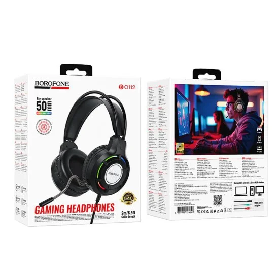 Геймърски слушалки с микрофон Borofone Wave (BO112) - Over-Ear, 50mm говорители, USB + 3.5mm, LED подсветка - Черен