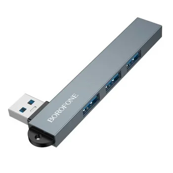 Хъб 4 в 1 Borofone (FH1) - USB към 3x USB 2.0, 1x USB 3.0, алуминиева сплав, Plug&Play, до 5Gbps - Сив