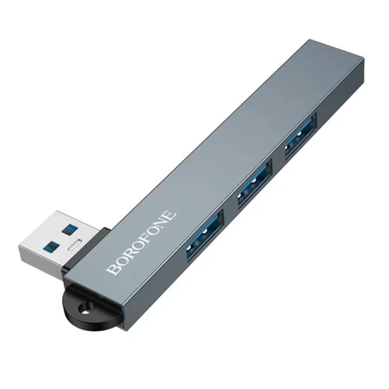 Хъб 4 в 1 Borofone (FH1) - USB към 3x USB 2.0, 1x USB 3.0, алуминиева сплав, Plug&Play, до 5Gbps - Сив
