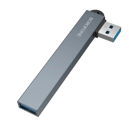 Хъб 4 в 1 Borofone (FH1) - USB към 3x USB 2.0, 1x USB 3.0, алуминиева сплав, Plug&Play, до 5Gbps - Сив