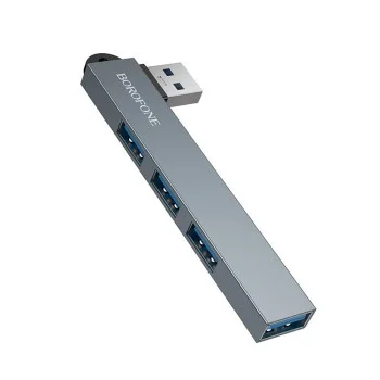 Хъб 4 в 1 Borofone (FH1) - USB към 3x USB 2.0, 1x USB 3.0, алуминиева сплав, Plug&Play, до 5Gbps - Сив