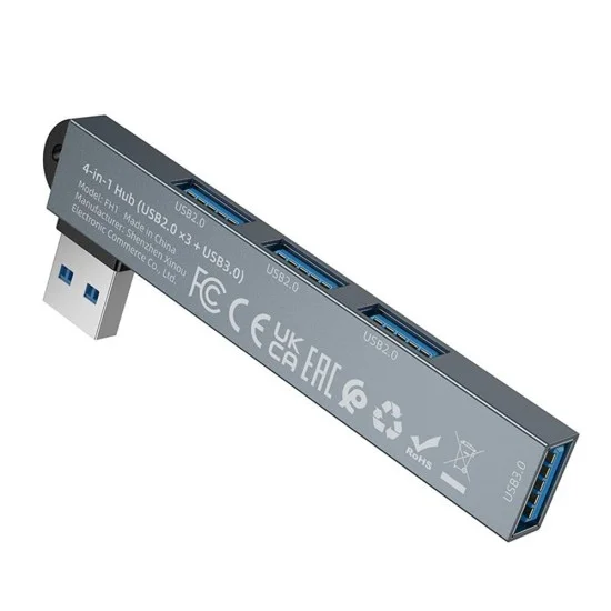 Хъб 4 в 1 Borofone (FH1) - USB към 3x USB 2.0, 1x USB 3.0, алуминиева сплав, Plug&Play, до 5Gbps - Сив