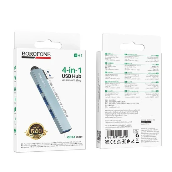 Хъб 4 в 1 Borofone (FH1) - USB към 3x USB 2.0, 1x USB 3.0, алуминиева сплав, Plug&Play, до 5Gbps - Сив