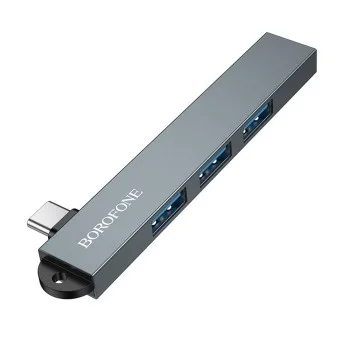 Хъб 4 в 1 Borofone (FH1A) - Type-C към 3x USB 2.0, 1x USB 3.0, алуминиева сплав, Plug&Play, до 5Gbps - Сив