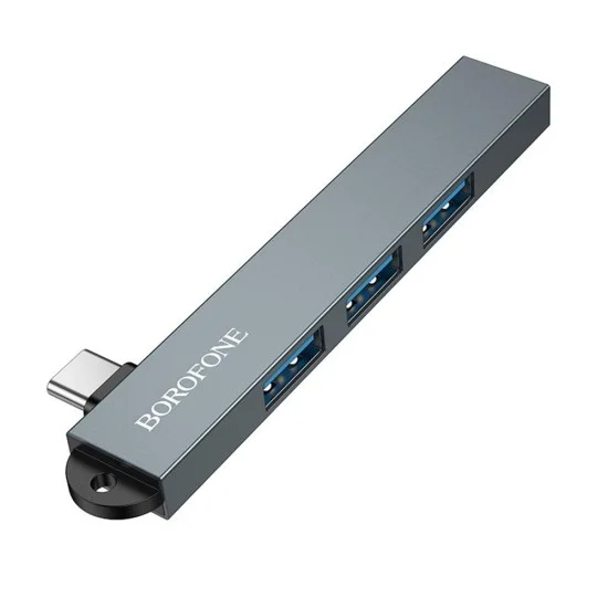 Хъб 4 в 1 Borofone (FH1A) - Type-C към 3x USB 2.0, 1x USB 3.0, алуминиева сплав, Plug&Play, до 5Gbps - Сив