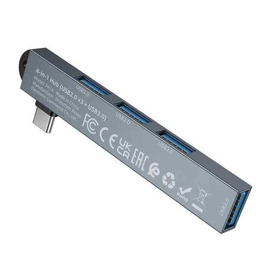 Хъб 4 в 1 Borofone (FH1A) - Type-C към 3x USB 2.0, 1x USB 3.0, алуминиева сплав, Plug&Play, до 5Gbps - Сив
