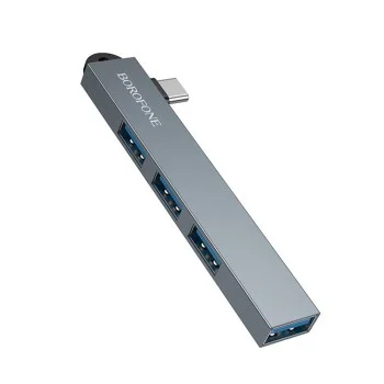 Хъб 4 в 1 Borofone (FH1A) - Type-C към 3x USB 2.0, 1x USB 3.0, алуминиева сплав, Plug&Play, до 5Gbps - Сив