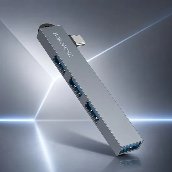 Хъб 4 в 1 Borofone (FH1A) - Type-C към 3x USB 2.0, 1x USB 3.0, алуминиева сплав, Plug&Play, до 5Gbps - Сив