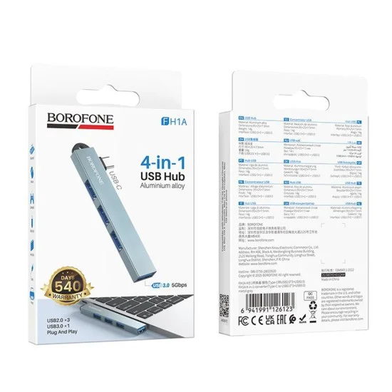Хъб 4 в 1 Borofone (FH1A) - Type-C към 3x USB 2.0, 1x USB 3.0, алуминиева сплав, Plug&Play, до 5Gbps - Сив
