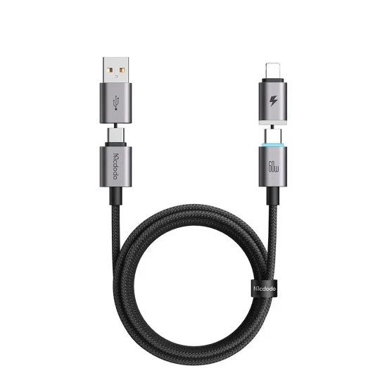 Кабел за данни 4 в 1 Mcdodo Extreme Energy Series (CA-6560) - с магнитни накрайници, USB-C/USB-A към USB-C/Lightning, 60W, 1.2m - Черен