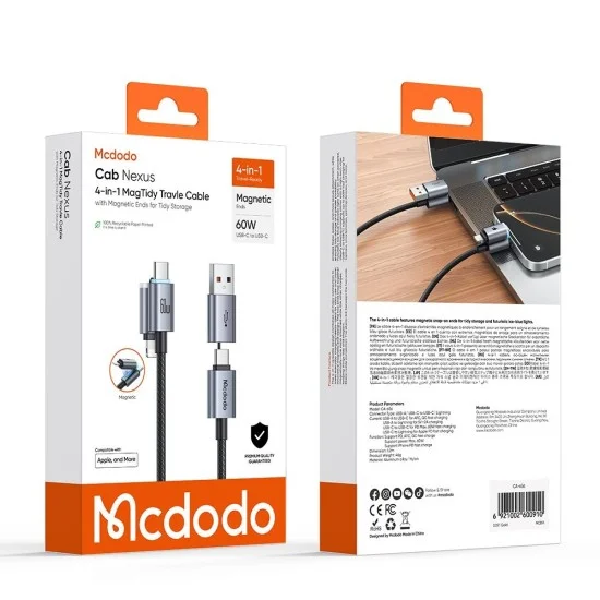 Кабел за данни 4 в 1 Mcdodo Extreme Energy Series (CA-6560) - с магнитни накрайници, USB-C/USB-A към USB-C/Lightning, 60W, 1.2m - Черен