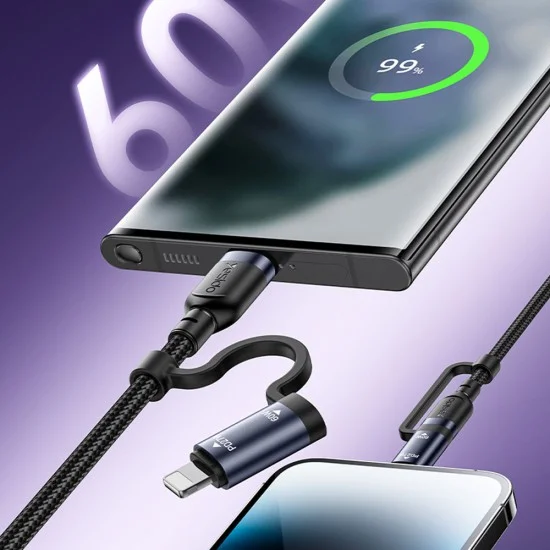 Кабел за данни 4 в 1 Yesido (CA200) - USB, Type-C към Type-C, Lightning, 60W, 480Mbps, 1.2m, алуминиева сплав - Черен