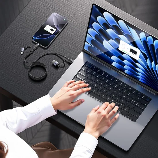 Кабел за данни 4 в 1 Yesido (CA200) - USB, Type-C към Type-C, Lightning, 60W, 480Mbps, 1.2m, алуминиева сплав - Черен