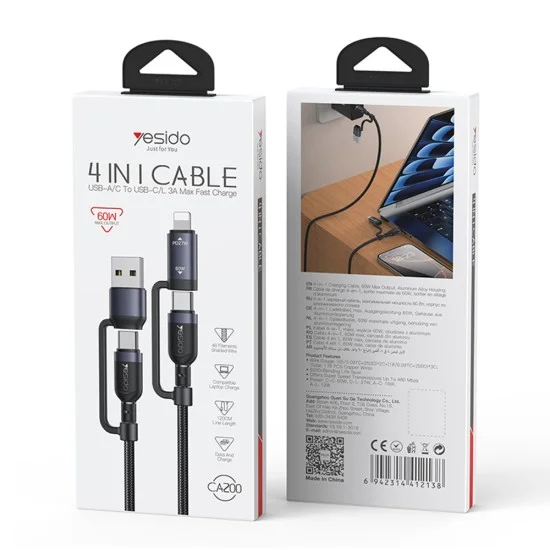 Кабел за данни 4 в 1 Yesido (CA200) - USB, Type-C към Type-C, Lightning, 60W, 480Mbps, 1.2m, алуминиева сплав - Черен