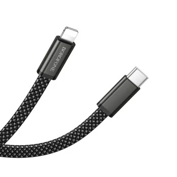 Кабел за данни Borofone Peace (BX124) - USB-C към Lightning, 30W, найлонова оплетка, плосък дизайн против оплитане, 1m - Черен