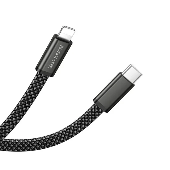 Кабел за данни Borofone Peace (BX124) - USB-C към Lightning, 30W, найлонова оплетка, плосък дизайн против оплитане, 1m - Черен