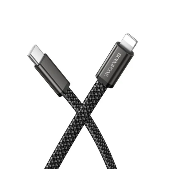 Кабел за данни Borofone Peace (BX124) - USB-C към Lightning, 30W, найлонова оплетка, плосък дизайн против оплитане, 1m - Черен