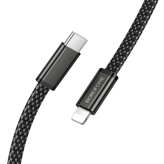 Кабел за данни Borofone Peace (BX124) - USB-C към Lightning, 30W, найлонова оплетка, плосък дизайн против оплитане, 1m - Черен