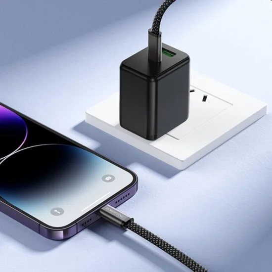 Кабел за данни Borofone Peace (BX124) - USB-C към Lightning, 30W, найлонова оплетка, плосък дизайн против оплитане, 1m - Черен
