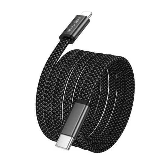 Кабел за данни Borofone Peace (BX124) - USB-C към Lightning, 30W, найлонова оплетка, плосък дизайн против оплитане, 1m - Черен