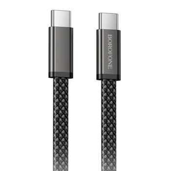 Кабел за данни Borofone Peace (BX124) - USB-C към USB-C, 60W, найлонова оплетка, плосък дизайн против оплитане, 1m - Черен